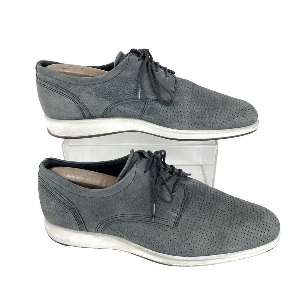 ECCO Leather Oxford Shoes Men's 8 Gray Soft Perforated Leather 42 Lace Up Casual